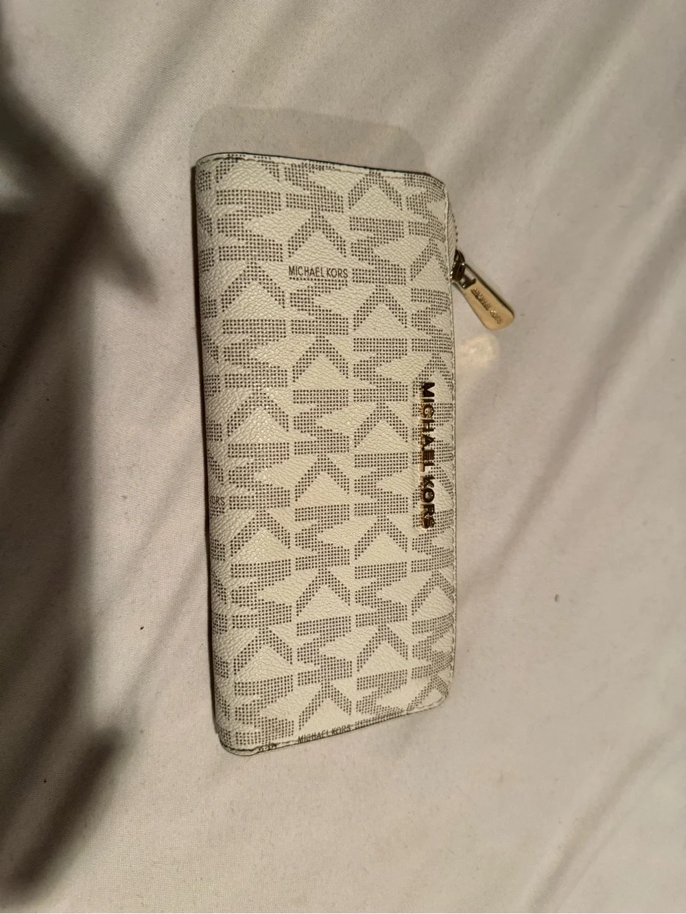 Michael Kors Cream and Light Gray Monogram Zip Wallet